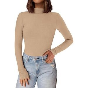 PRETTYGARDEN Womens Ribbed Turtleneck Long Sleeve‎ Top Brown Size L 7133